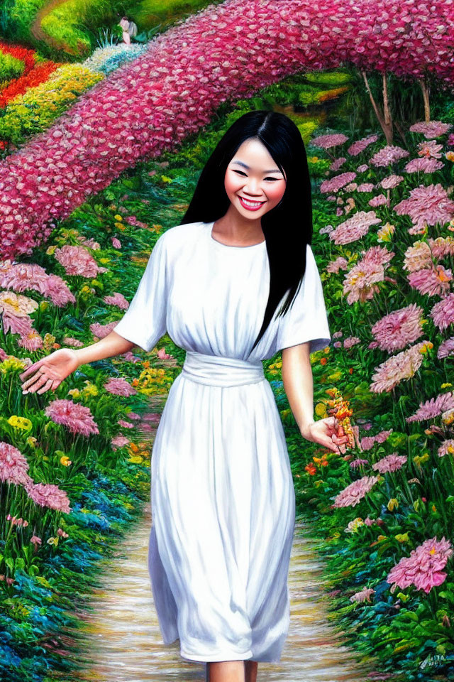 Smiling woman in white dress surrounded by colorful flowers