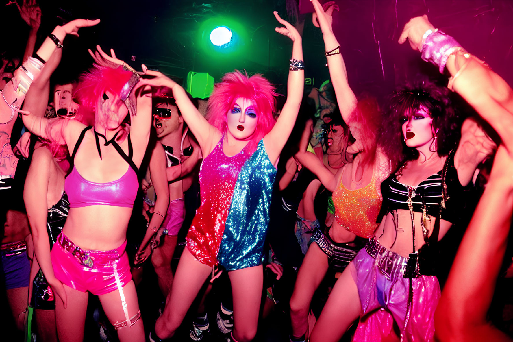 Colorful People in Glittery Outfits Dancing Under Pink Club Lights