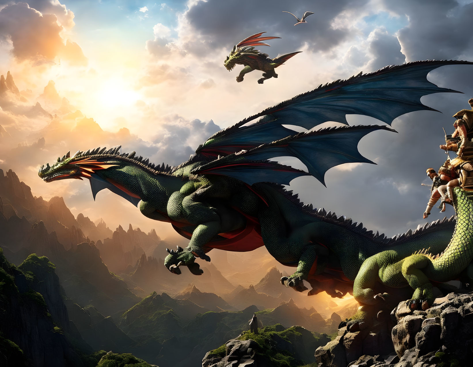 Dragons perched on craggy mountains with armored riders preparing for flight