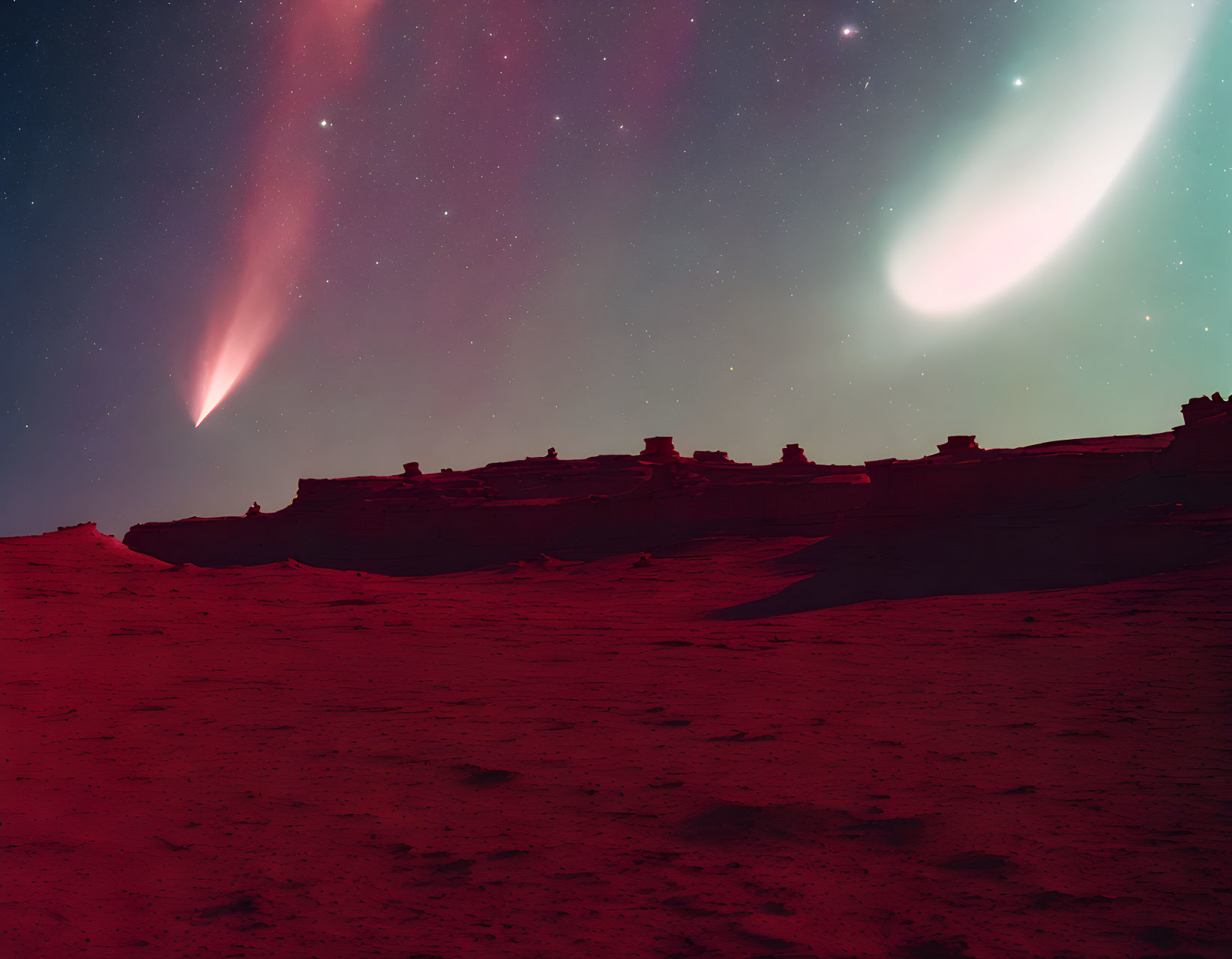 Celestial comet over barren, Martian-like landscape with rock formations