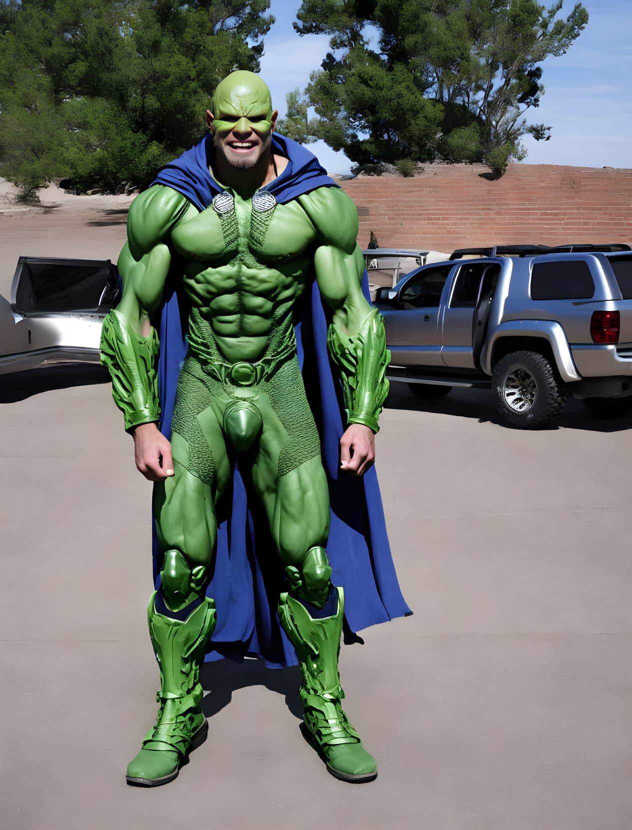 Detailed superhero costume with green skin and blue cape, smiling outdoors