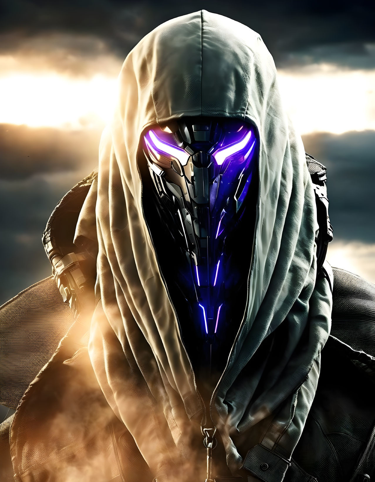 Cloaked Figure with Glowing Purple Visor in Futuristic Setting