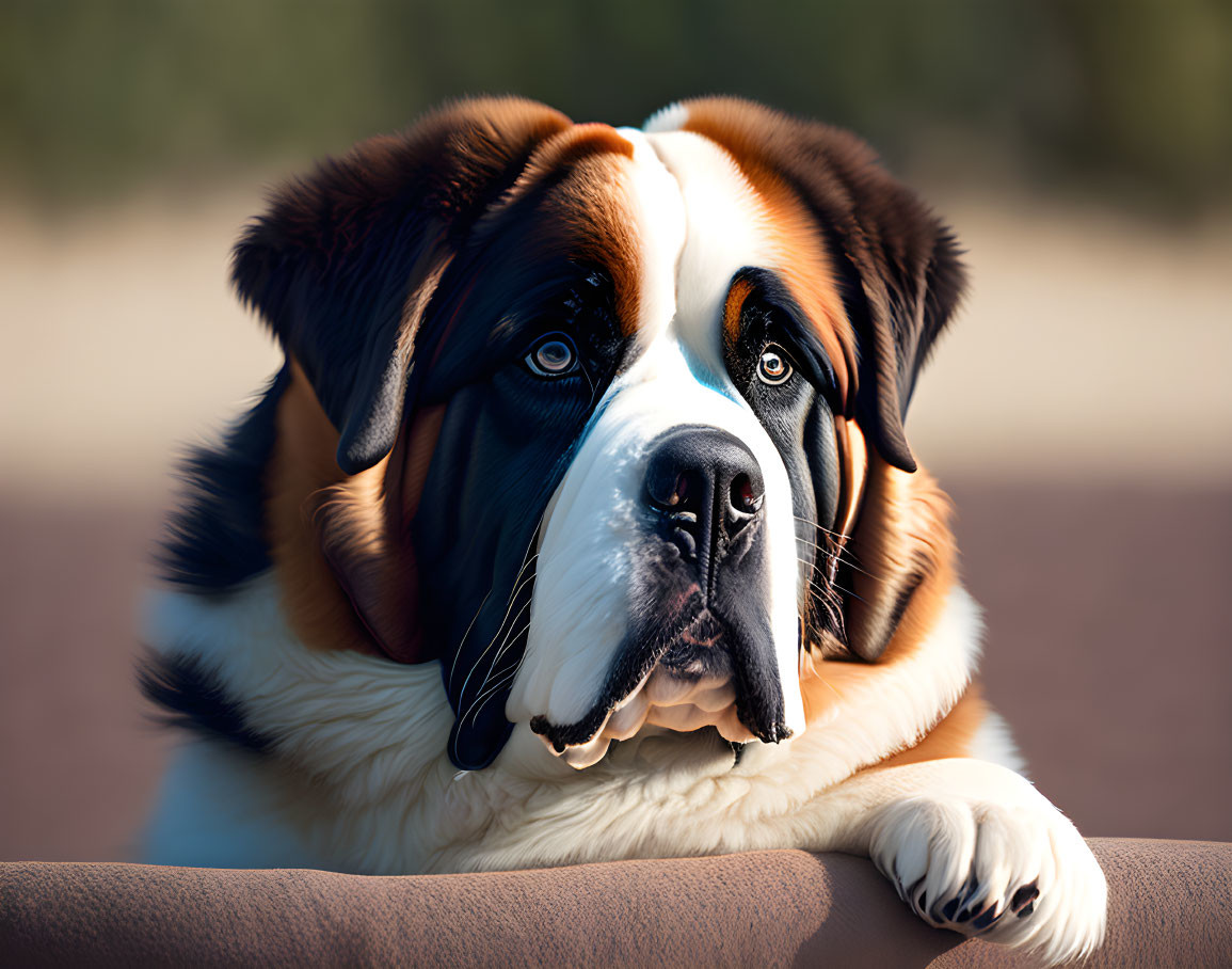 Saint Bernard dog with glossy coat and soulful eyes resting head on paws