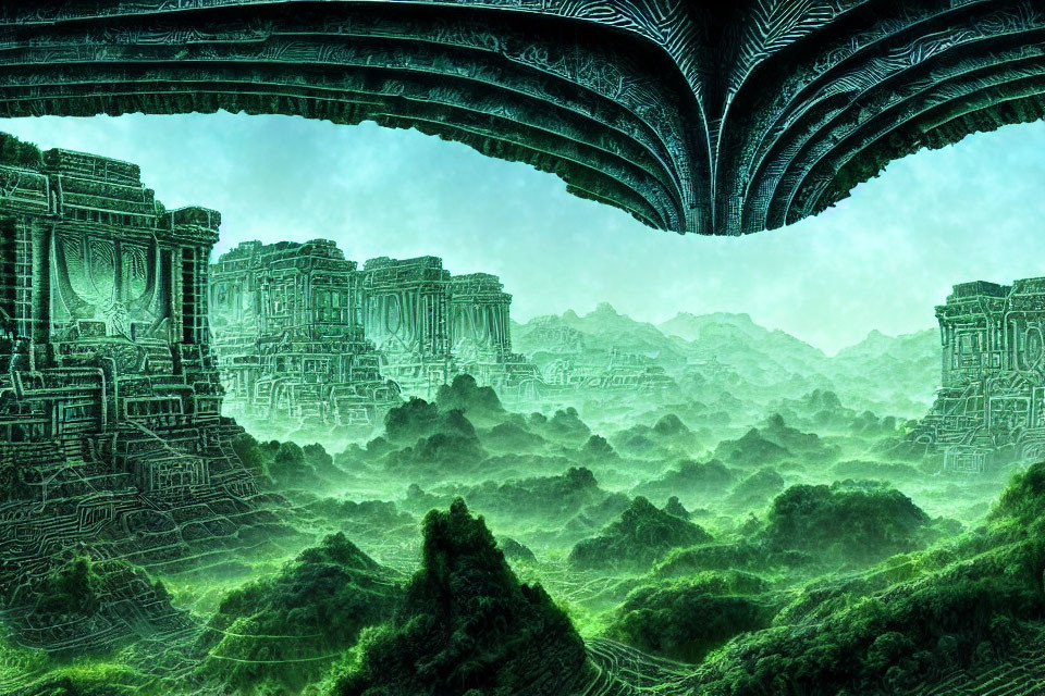 Mystical green landscape with ancient ruins and fog-covered hills