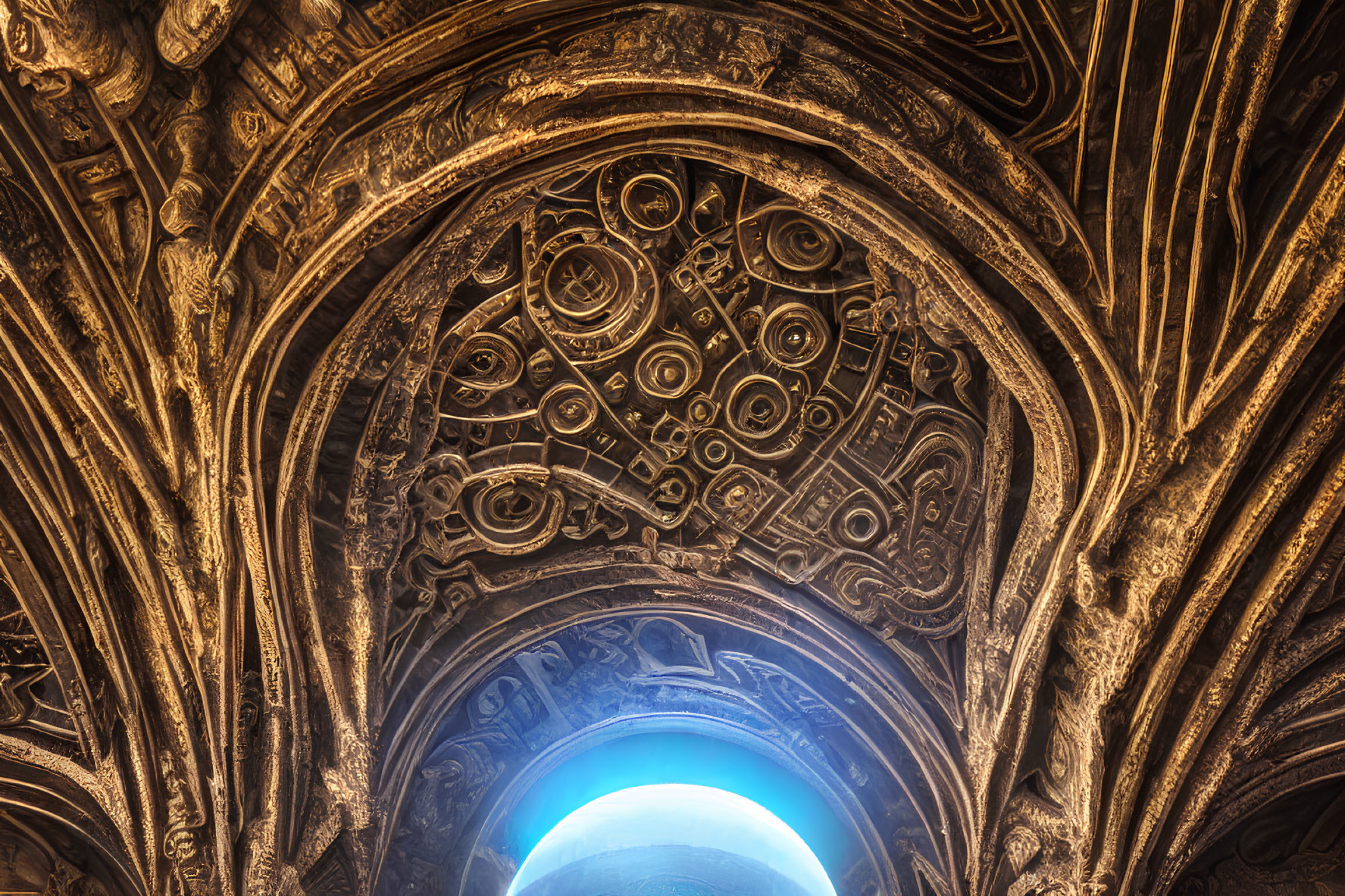 Historical building ceiling with intricate designs and warm blue-tinted light