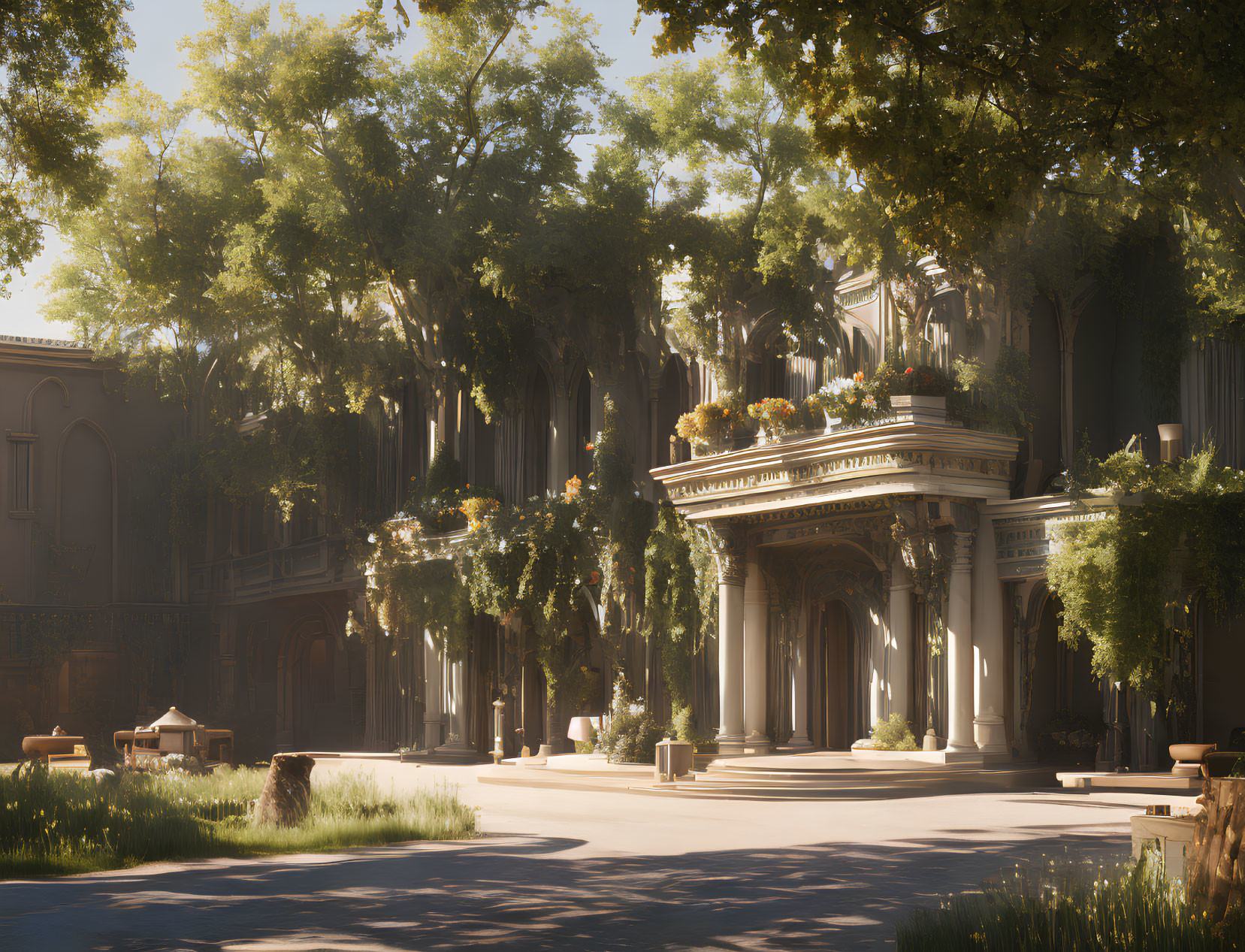 Classical architecture with columns and arches in a serene courtyard