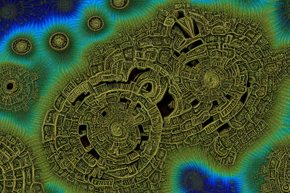 Abstract image of golden mechanical cogs on textured blue and green background