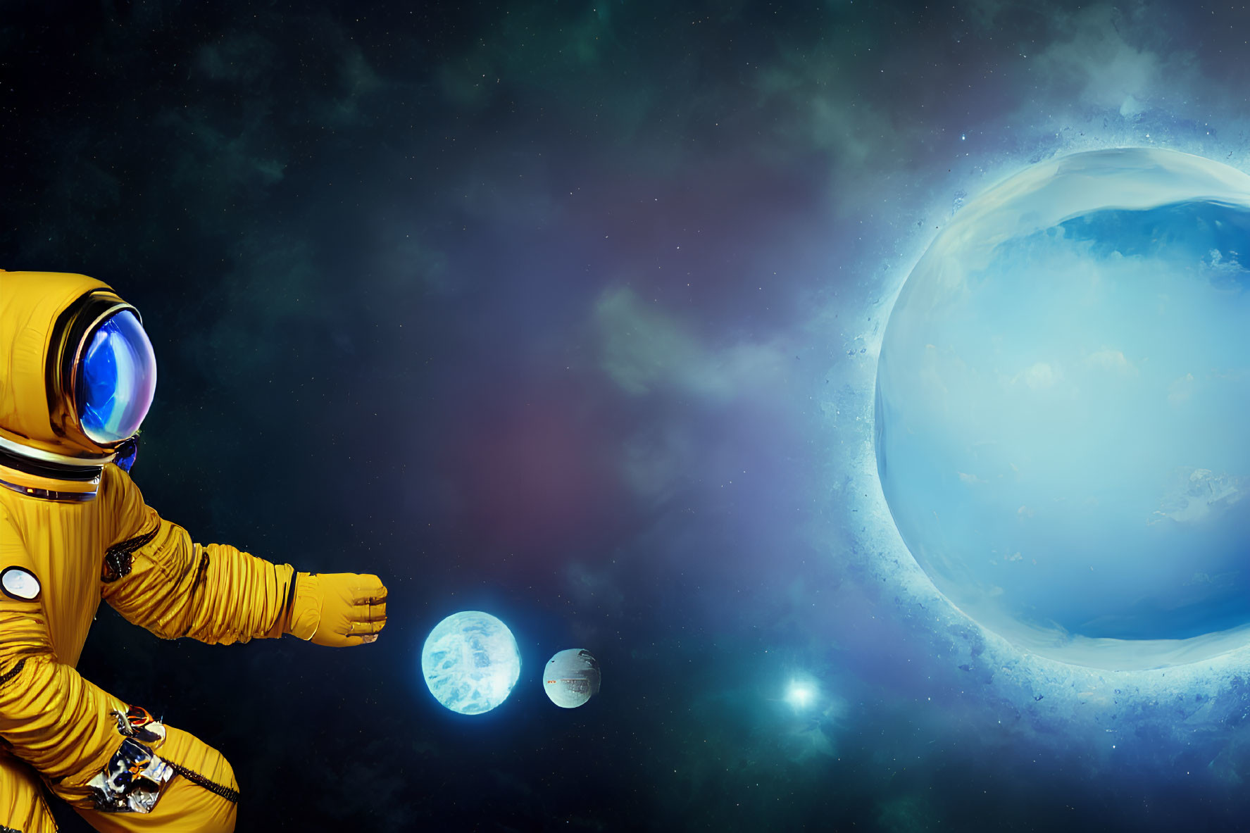 Yellow-suited astronaut floating in space towards Earth with glowing planet and stars.