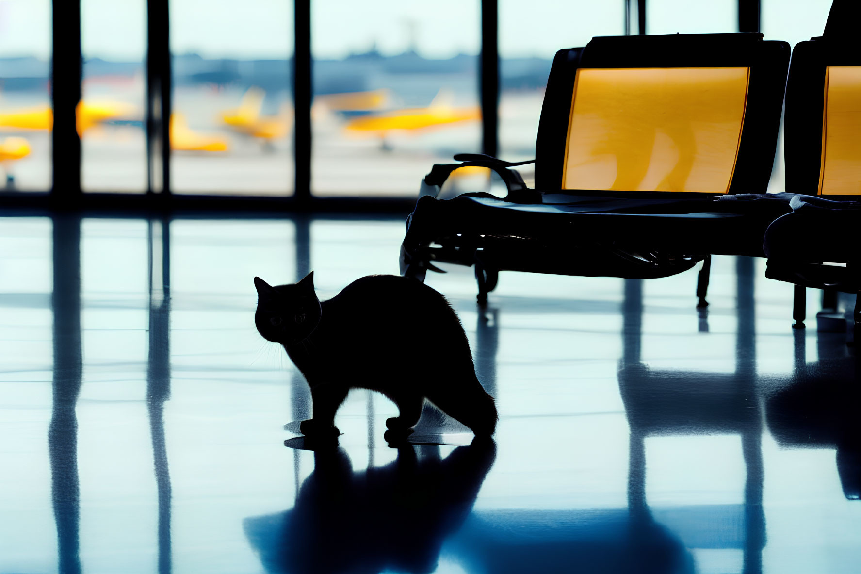 Silhouette of a cat in airport terminal with seats and airplanes visible