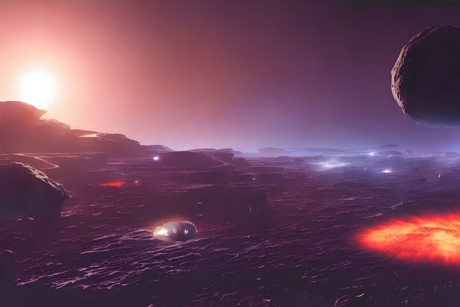 Surreal landscape with large sun, floating rocks, glowing lights, purple sky