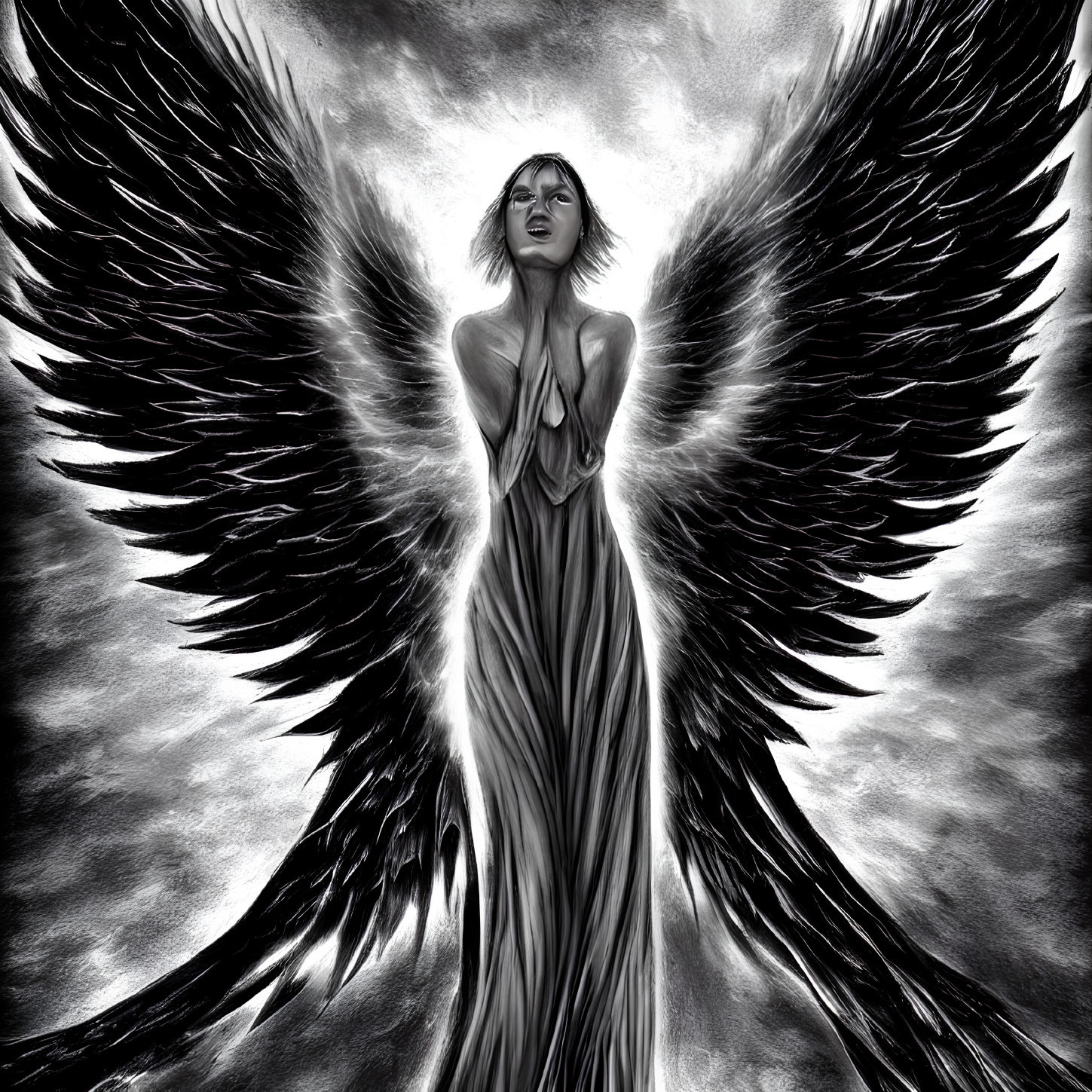 Monochrome image of angelic figure with large dark wings and serene expression