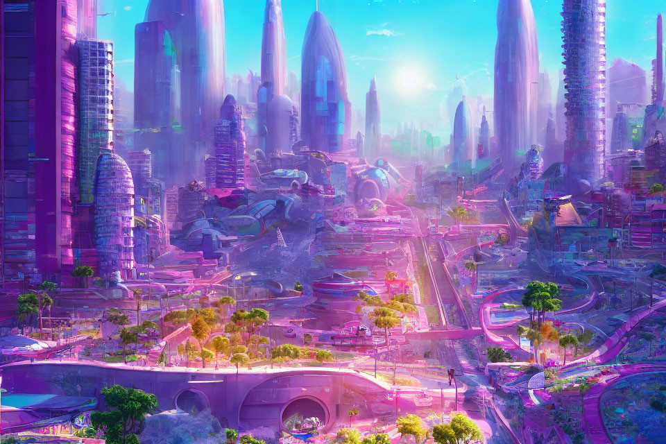 Futuristic cityscape with skyscrapers, greenery, flying vehicles, and glowing sky