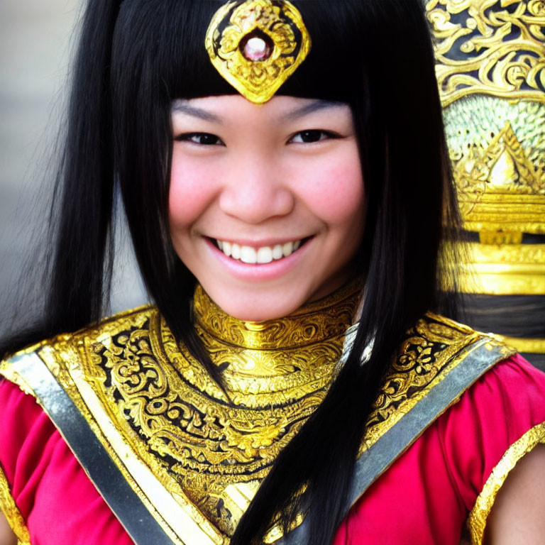 Traditional Thai Attire with Ornate Gold Patterns and Gem Headpiece