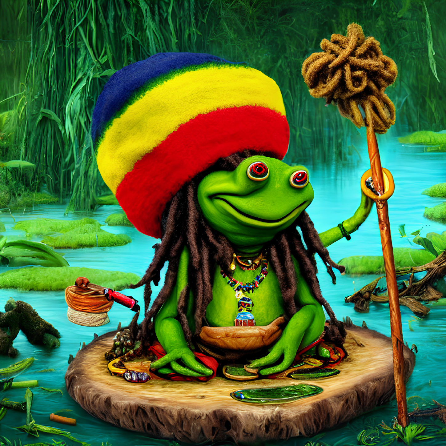 Colorful Frog with Rasta Dreadlocks on Stump in Swampy Environment