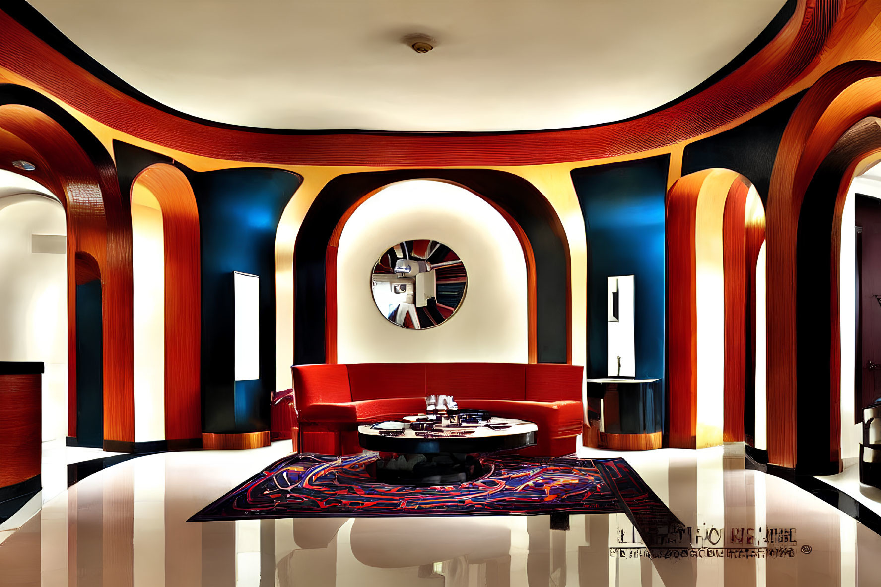 Modern Interior with Red and Blue Accents and Artistic Ceiling Design