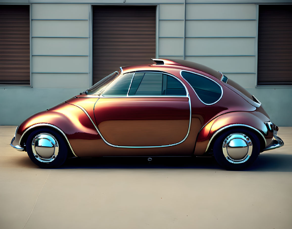 Retro-futuristic car with maroon finish parked in front of modern building