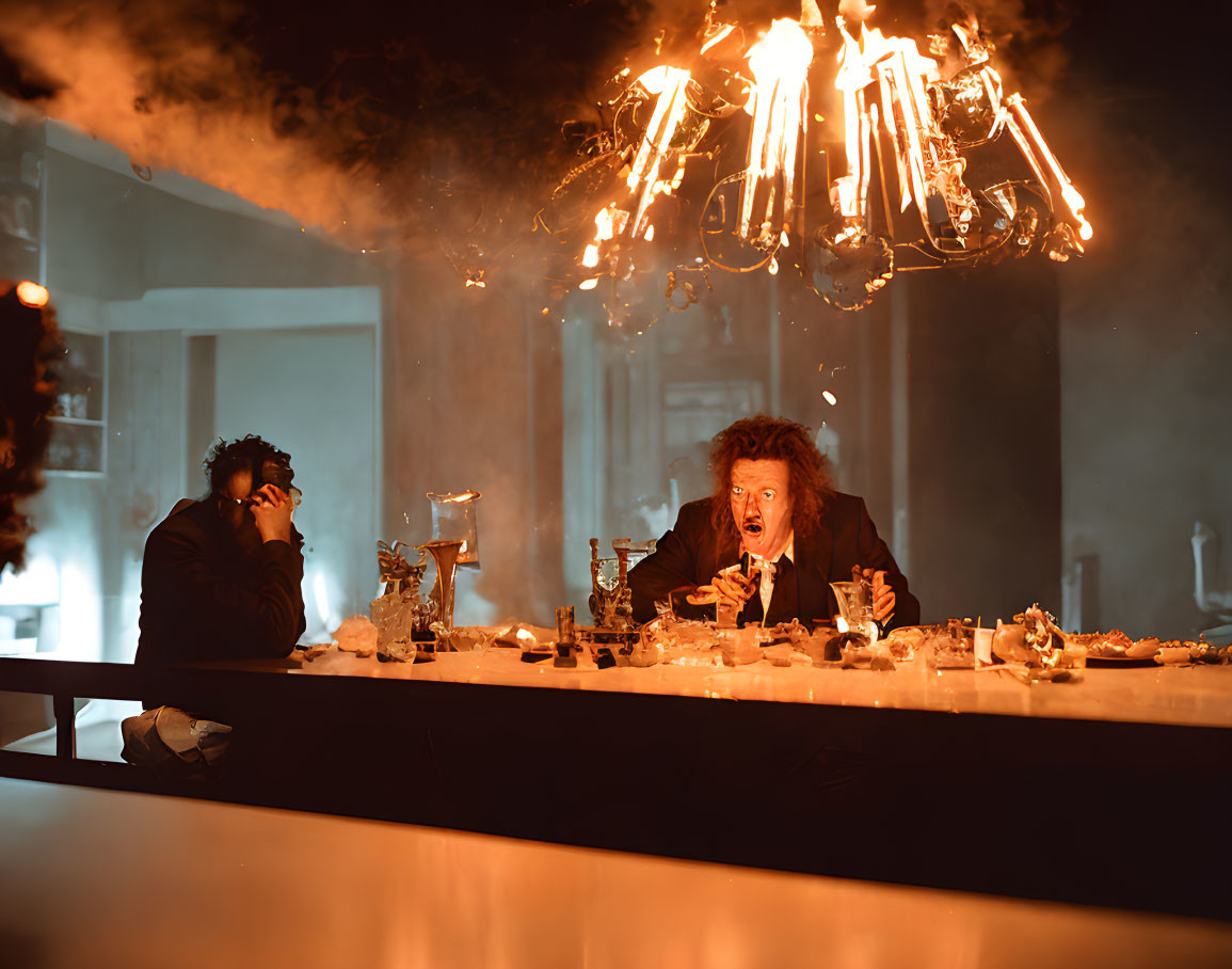 Two individuals at a bar with various dishes, surprised as a chandelier catches fire.