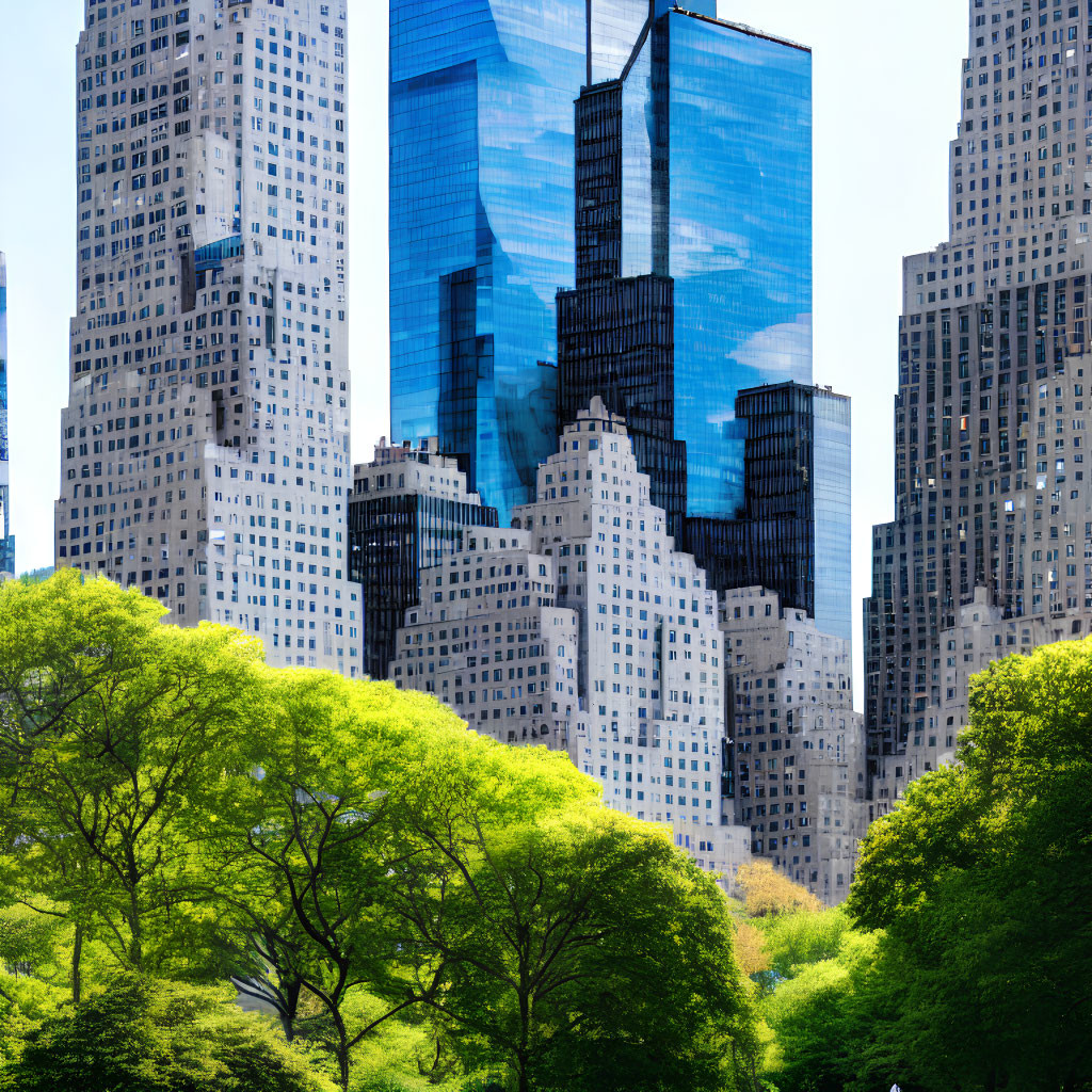 Park with Green Trees and Reflective Skyscrapers Against Blue Sky