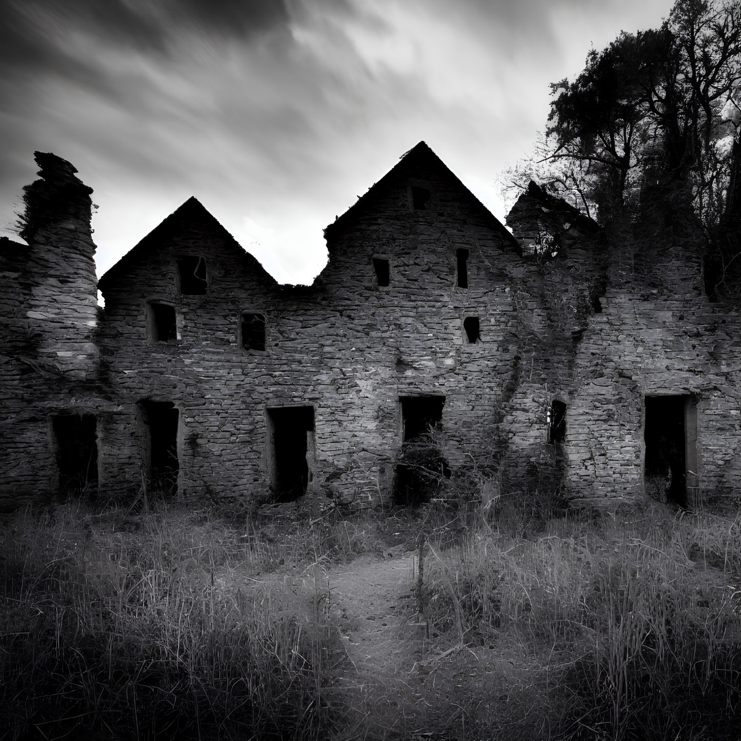 Monochrome image of abandoned stone building in nature