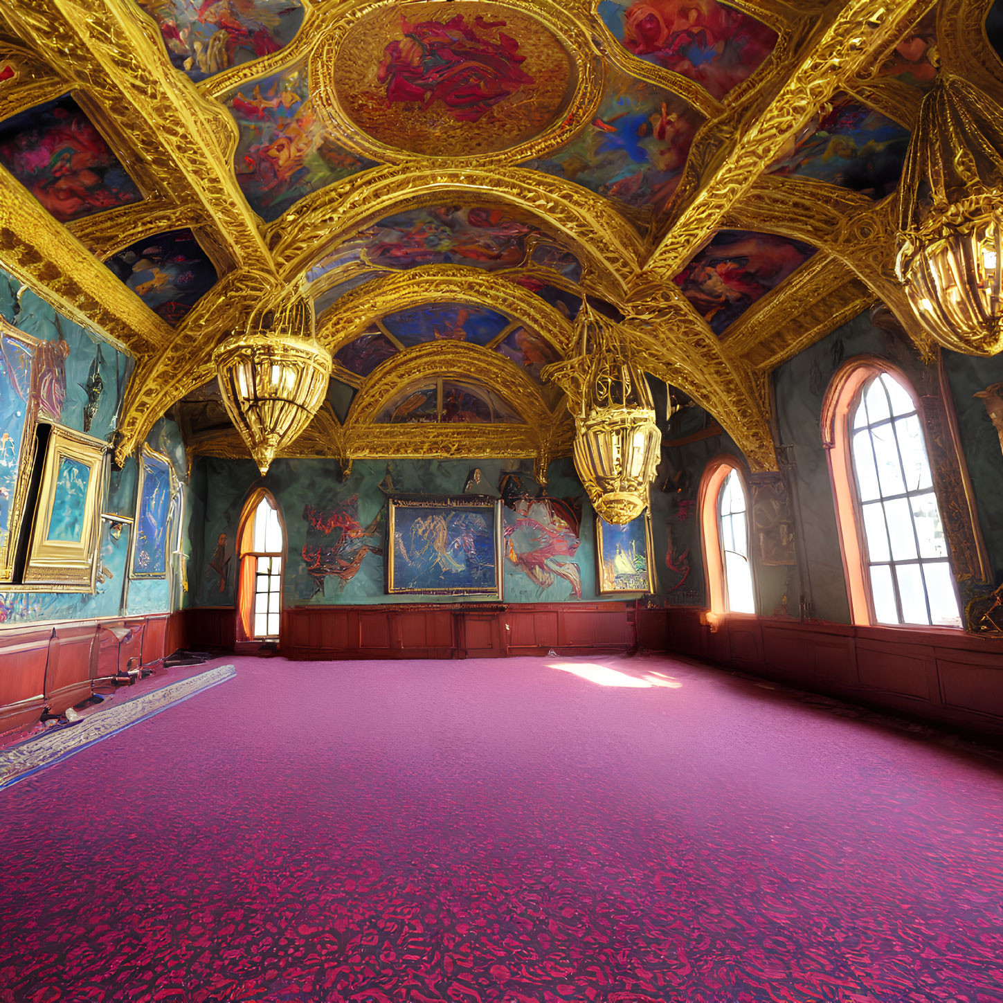 Luxurious Room with Golden Ceiling, Chandeliers, Frescoes, Red Carpet, Arched Windows