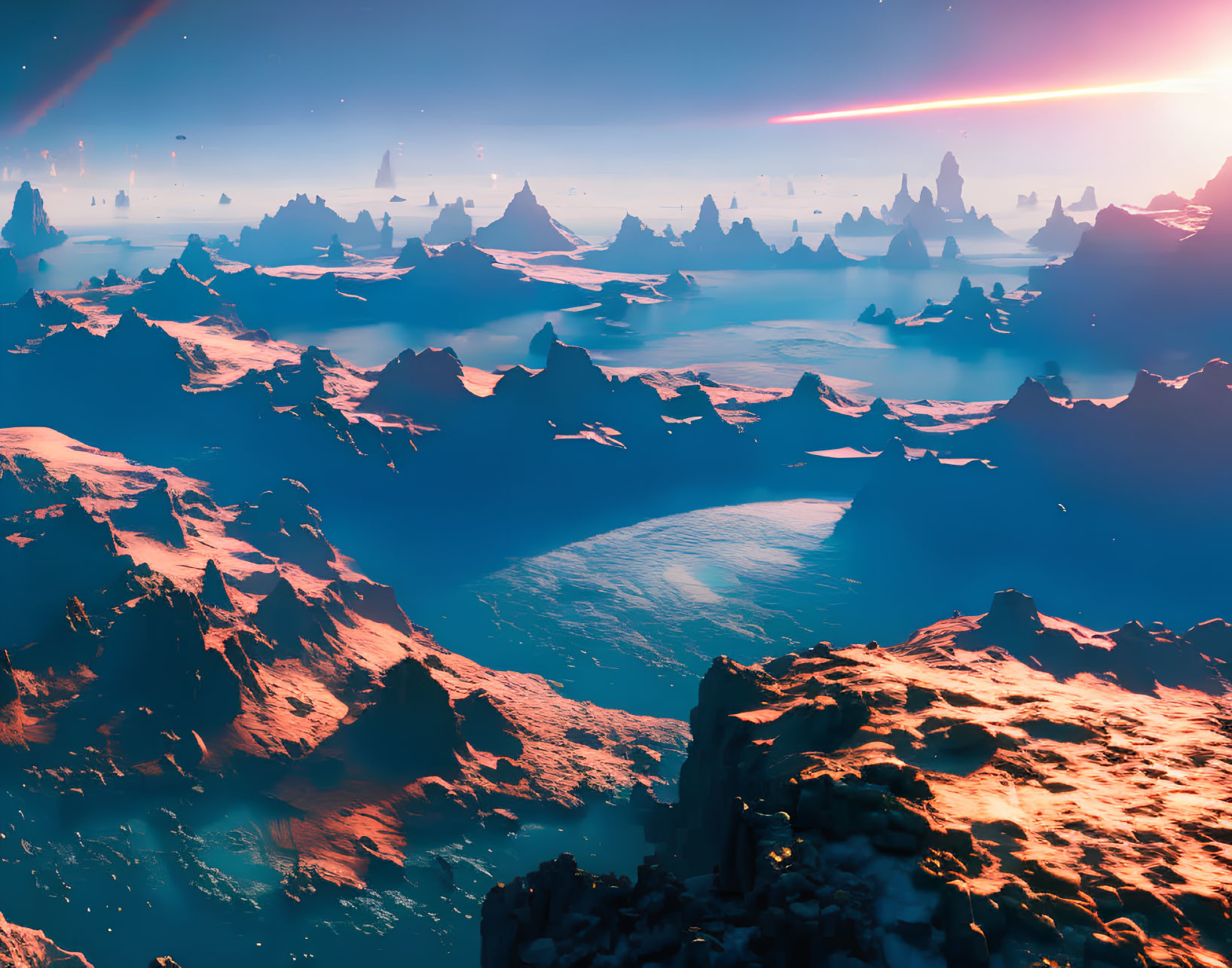 Colorful sci-fi landscape with jagged mountains, glowing river, and multiple planets