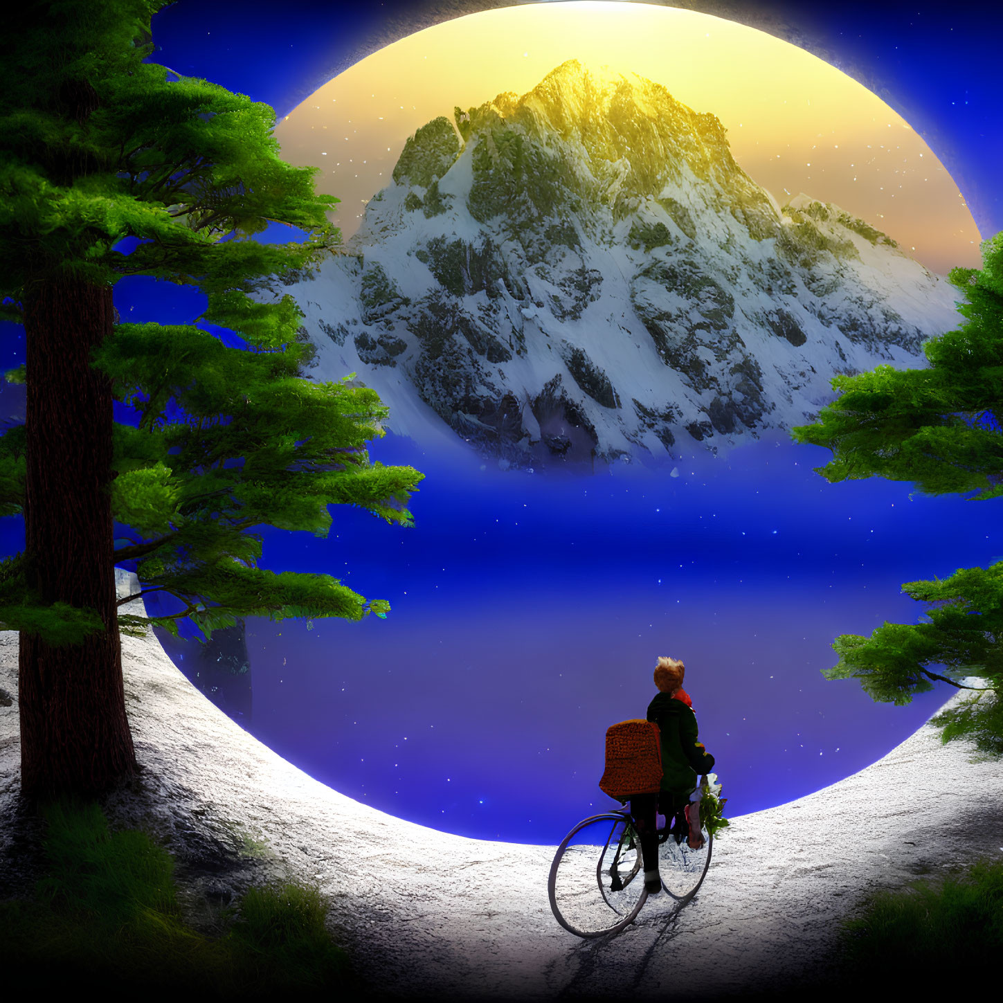 Bicyclist on hill gazes at surreal moonlit mountain landscape