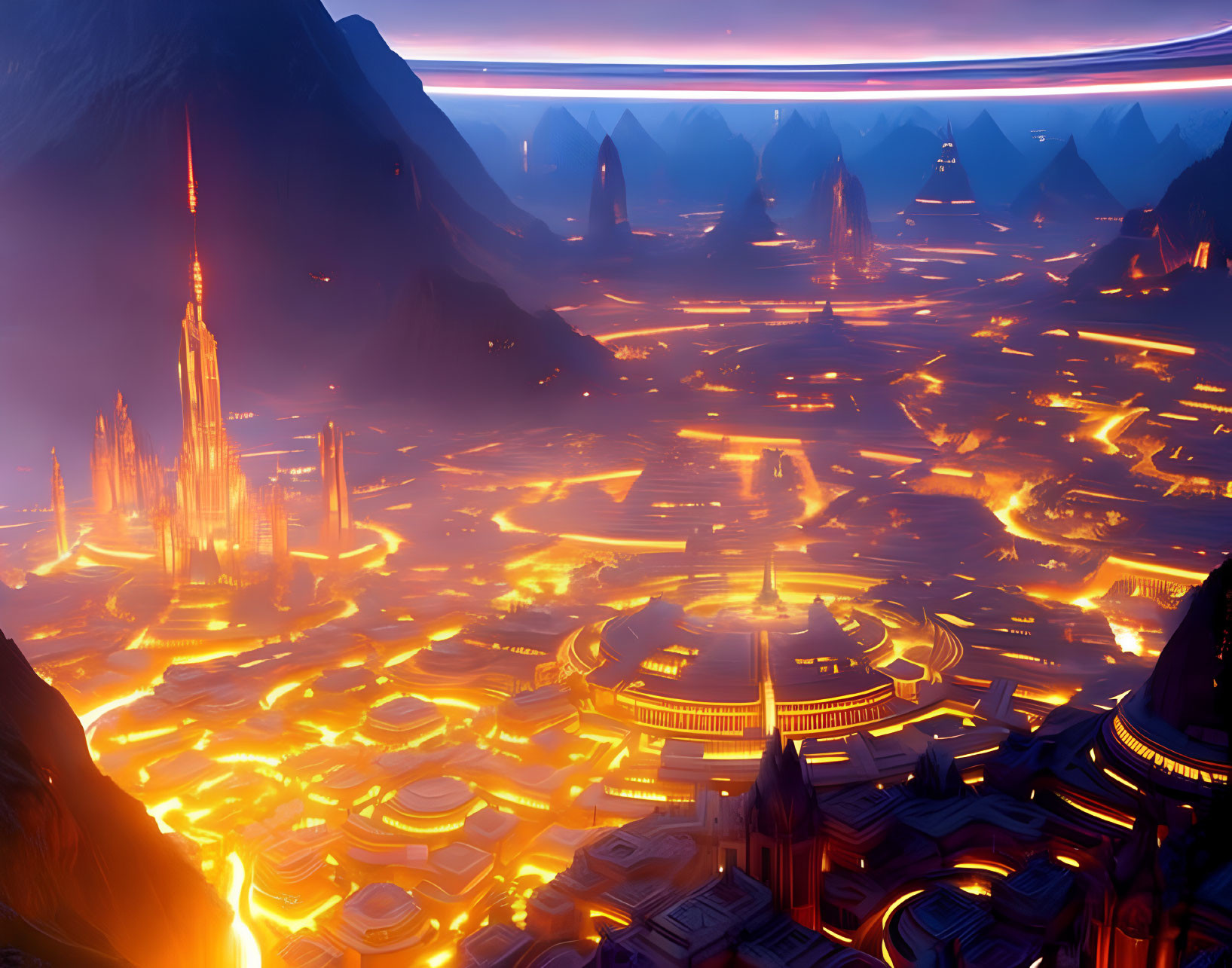 Futuristic cityscape with glowing lava rivers, towering spires, and illuminated buildings at dusk.