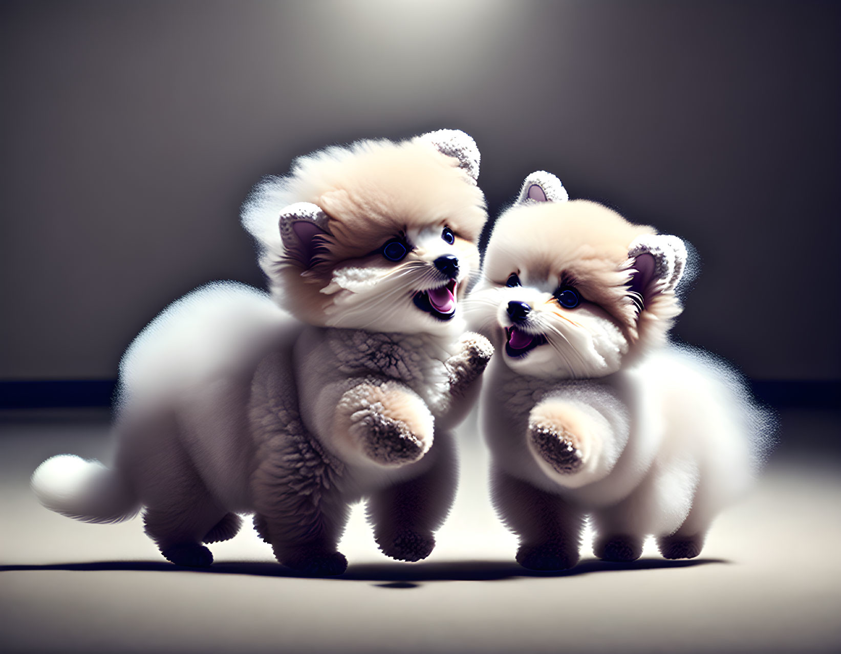 Exaggerated Features on Playful Pomeranian Puppies