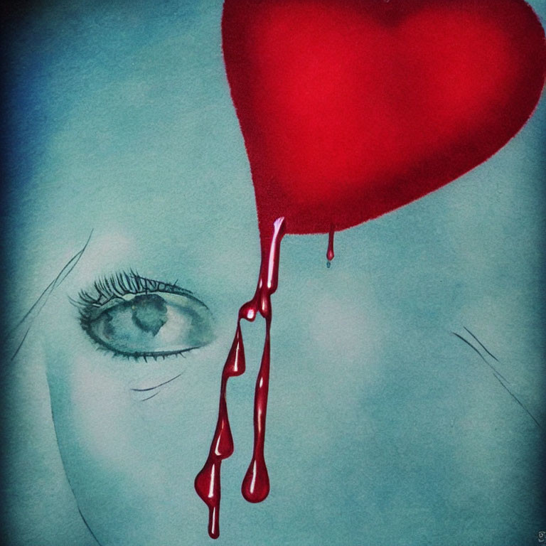 Stylized illustration of blue human eye and bleeding heart on textured background