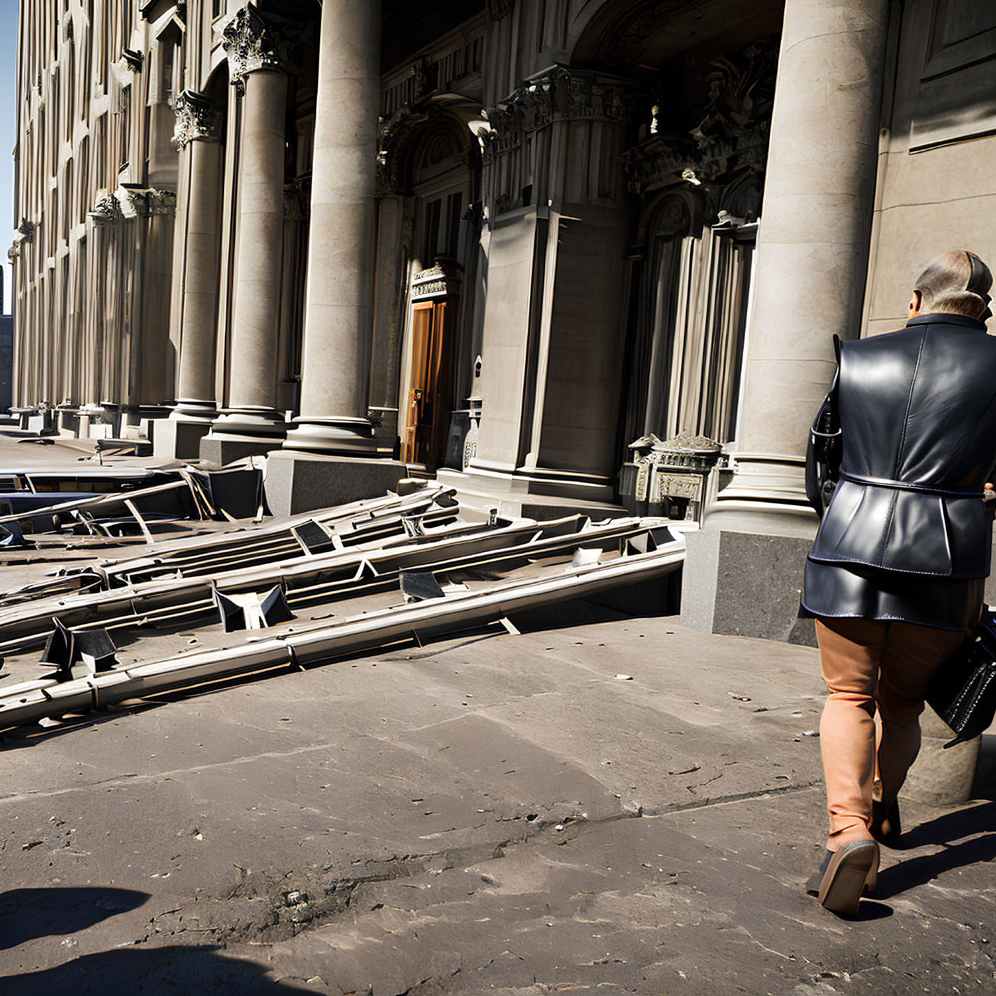 Person in black jacket walks past collapsed scaffolding near city building.