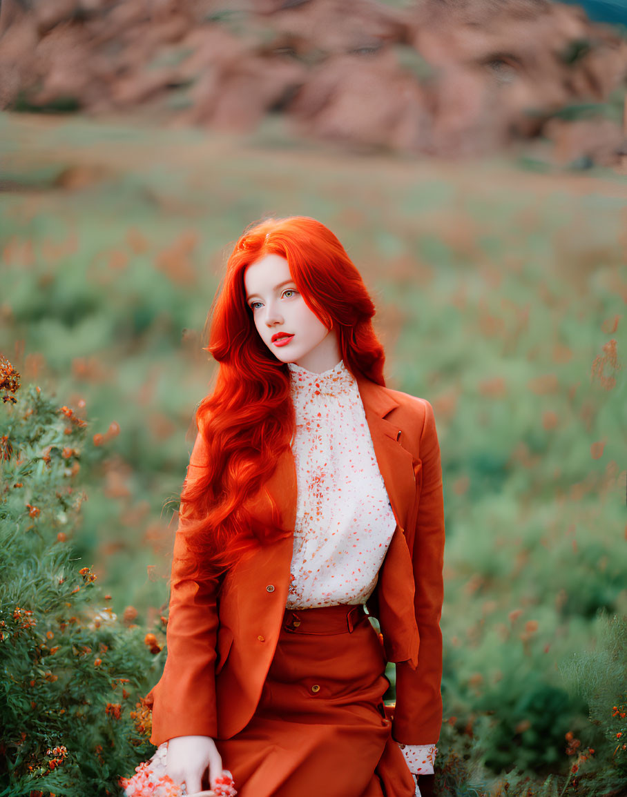 Vivid Red-Haired Woman in Matching Attire Standing in Earthy Field