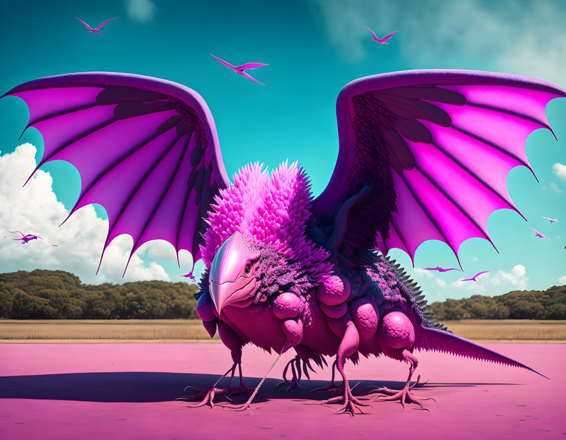 Vibrant 3D illustration: Colossal pink dragon with expansive wings on magenta ground under