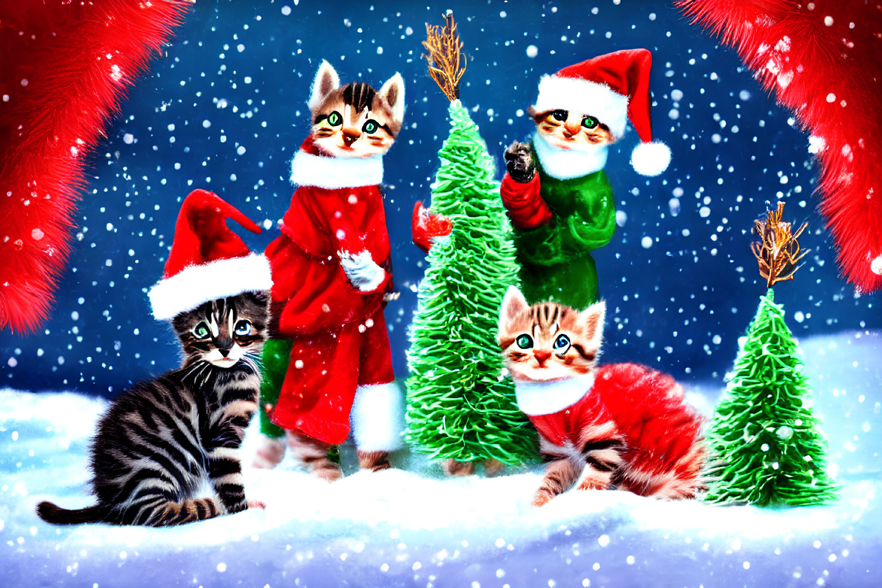 Four Cats in Santa Hats and Festive Attire Among Christmas Trees on Blue Background