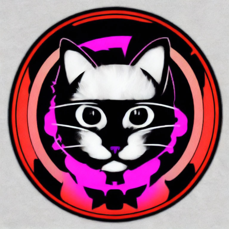 Monochrome Cat Graphic with Bat Silhouette in Circular Pink and Black Frame