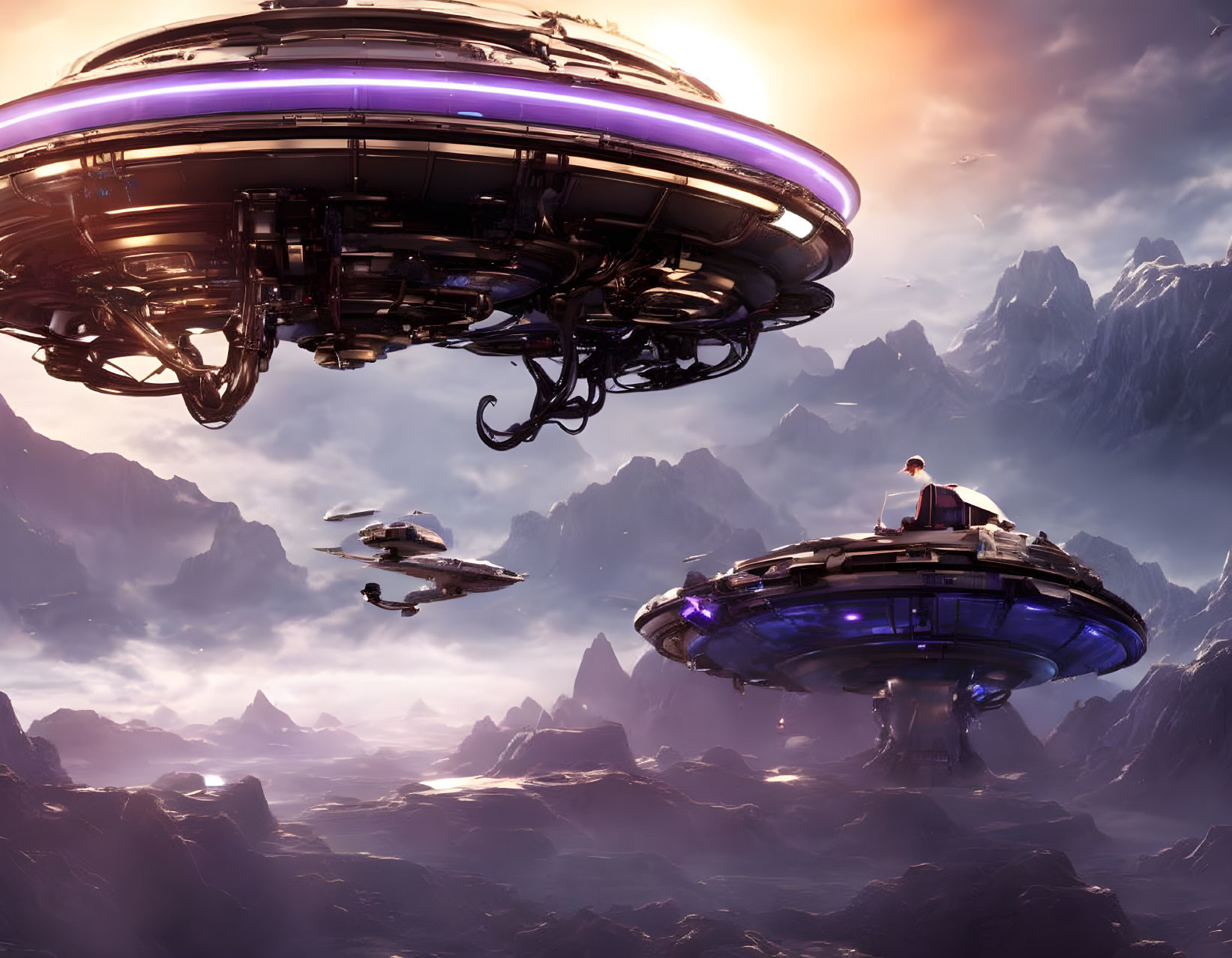 Futuristic floating cities over rugged landscape with spaceships under dramatic sky