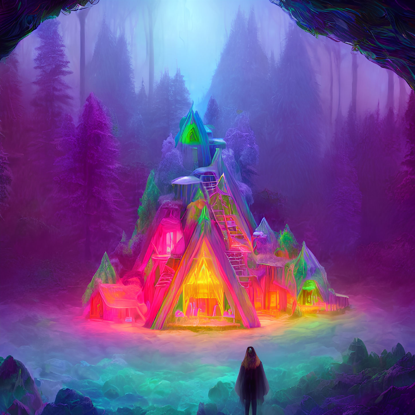 Mystical neon-lit forest with pyramid and foggy ambiance