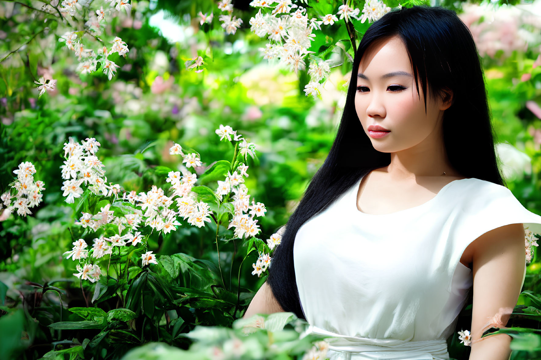 Woman in White Dress Surrounded by Blooming Flowers in Serene Garden