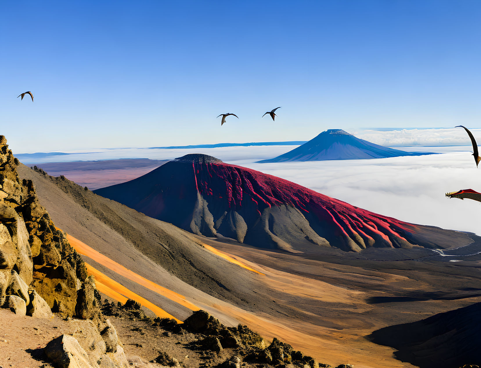 Colorful Mountain Ridges and Stratovolcano in Scenic Landscape