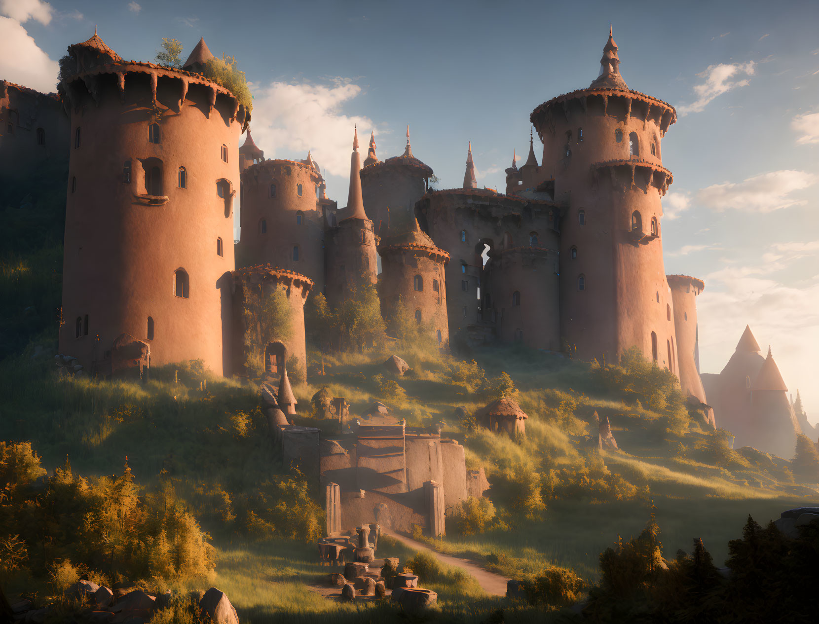 Majestic fantasy castle at sunset with towers on a hill