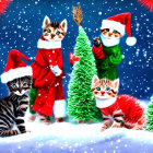 Four Christmas-themed kittens in snowy setting with decorations and Santa-like attire.