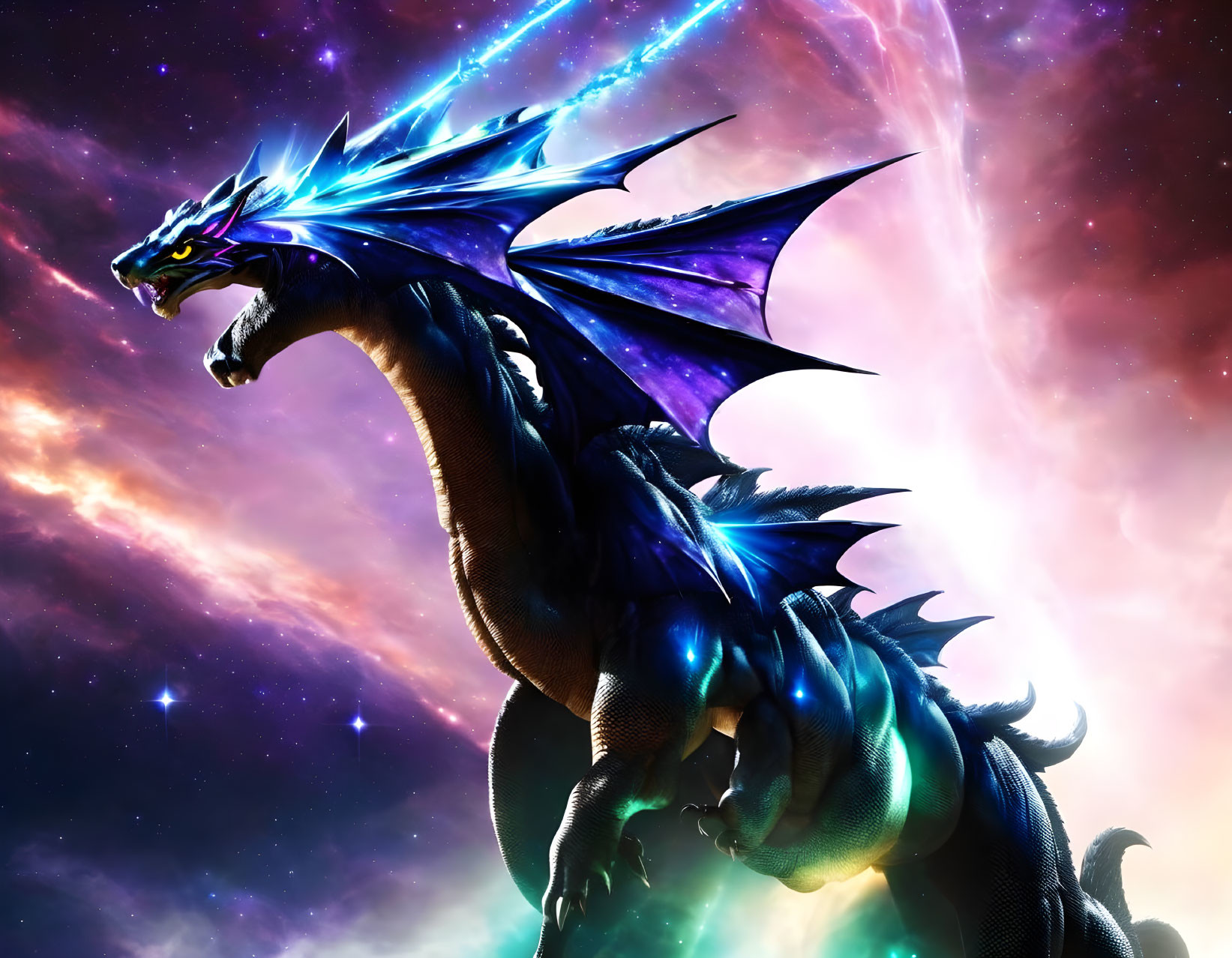 Blue Dragon with Wings and Spikes in Cosmic Setting