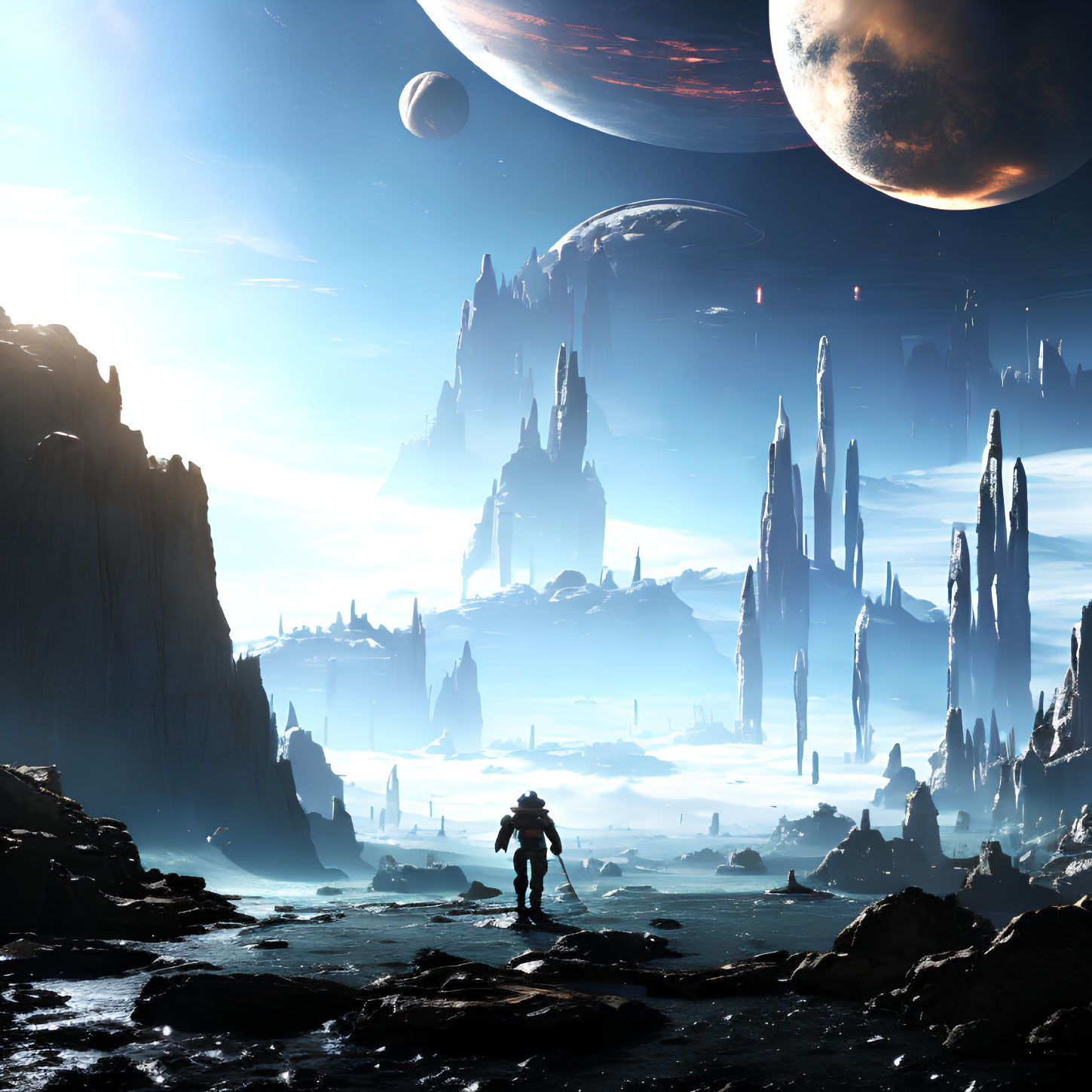 Astronaut on alien landscape with towering spires and planets in sky