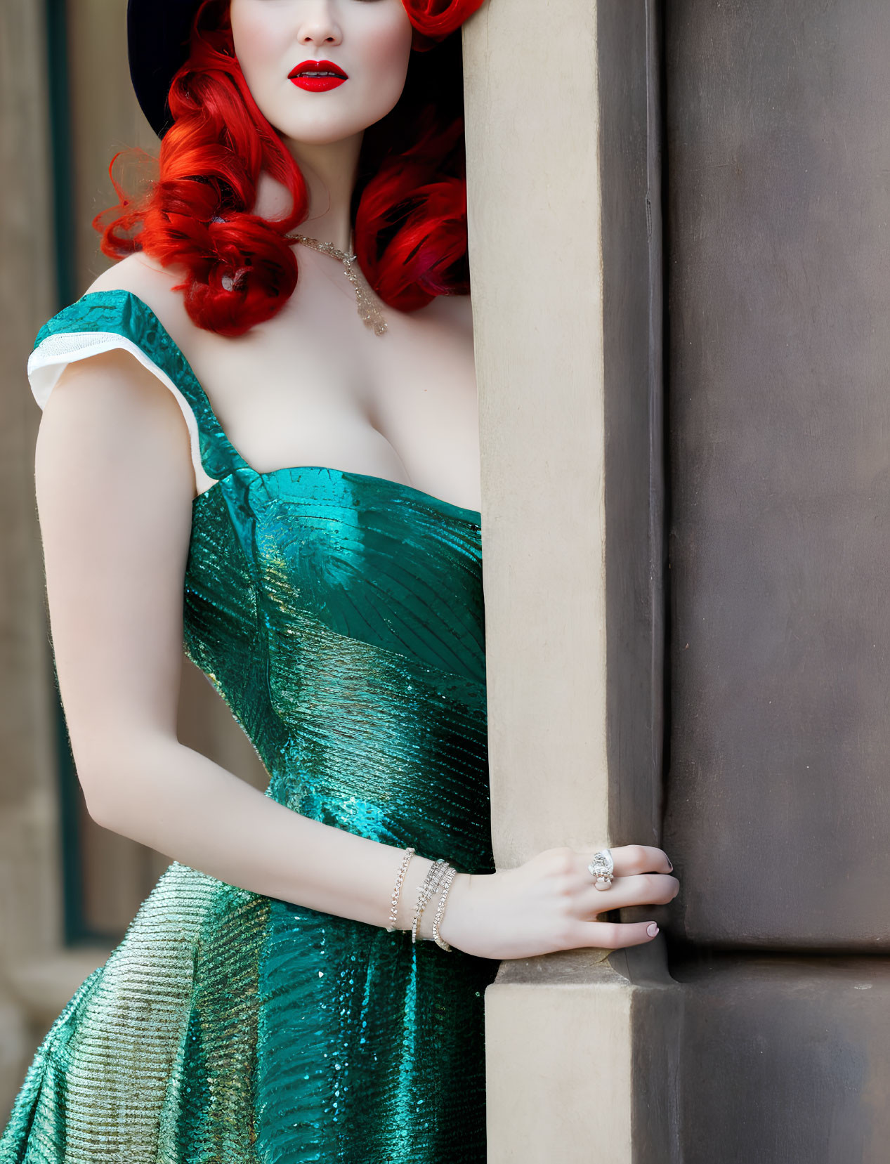 Red-Haired Woman in Teal Sequined Dress and Vintage Curls