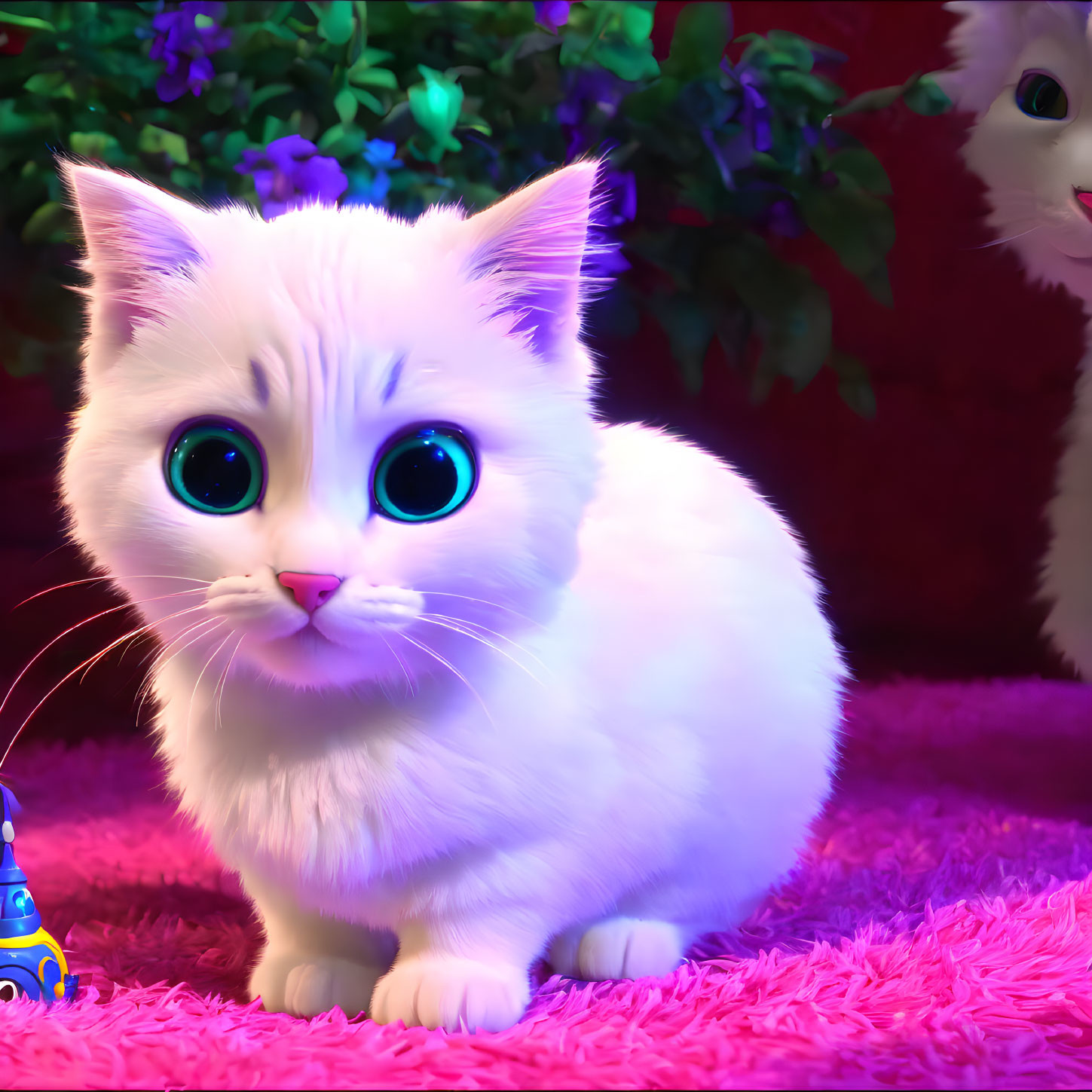 Animated kitten with large blue eyes on pink fluffy surface with vibrant lighting