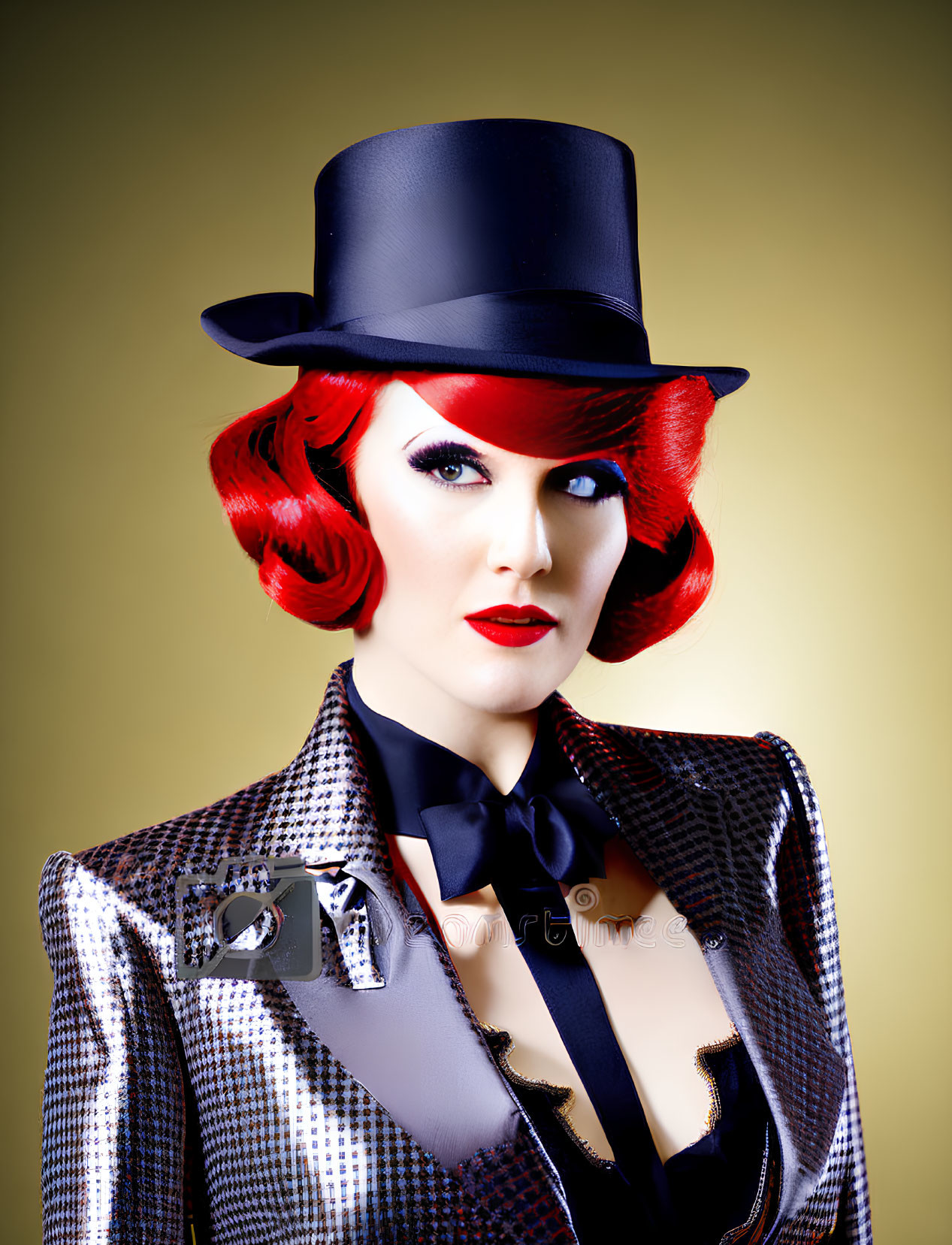 Vibrant red hair portrait in black top hat and suit against yellow background