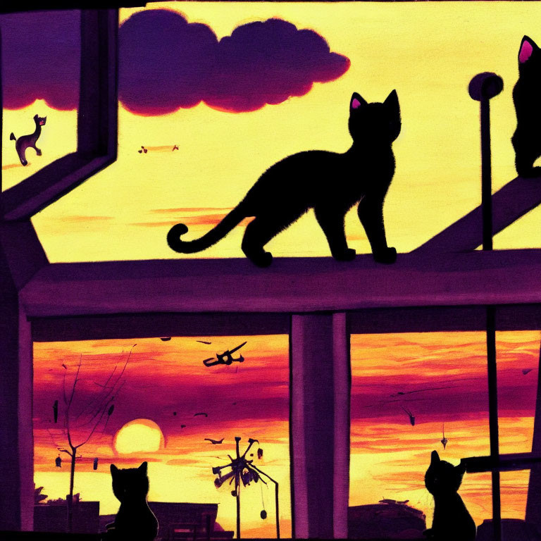 Vibrant sunset scene with silhouetted cats, birds, and helicopter