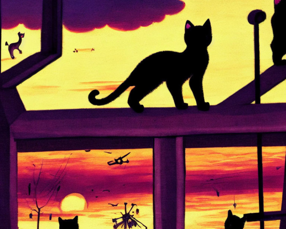 Vibrant sunset scene with silhouetted cats, birds, and helicopter