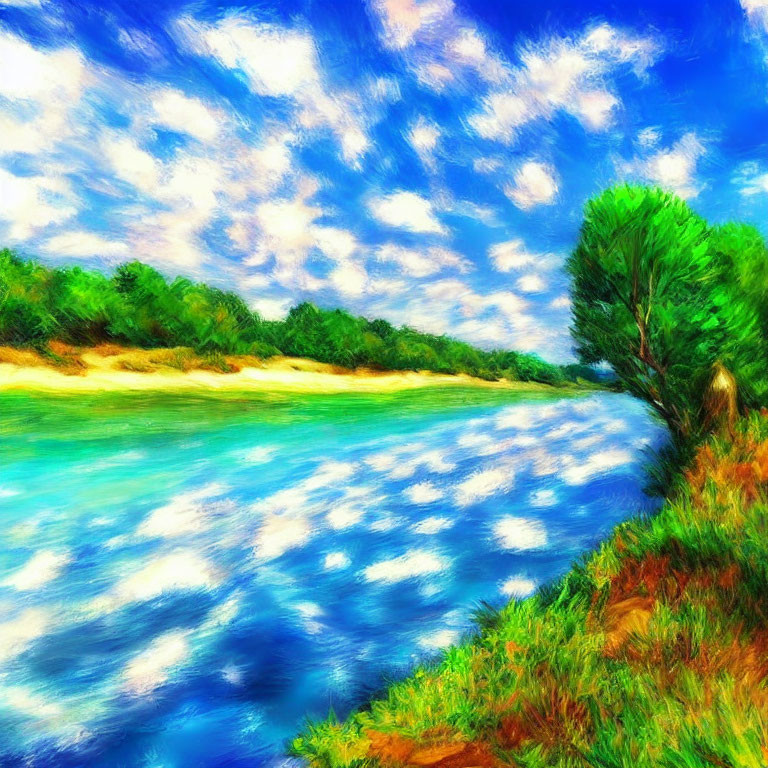 Scenic river painting with blue sky, fluffy clouds, green tree, and water reflections