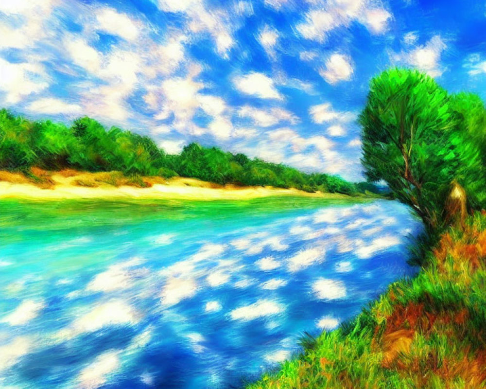 Scenic river painting with blue sky, fluffy clouds, green tree, and water reflections