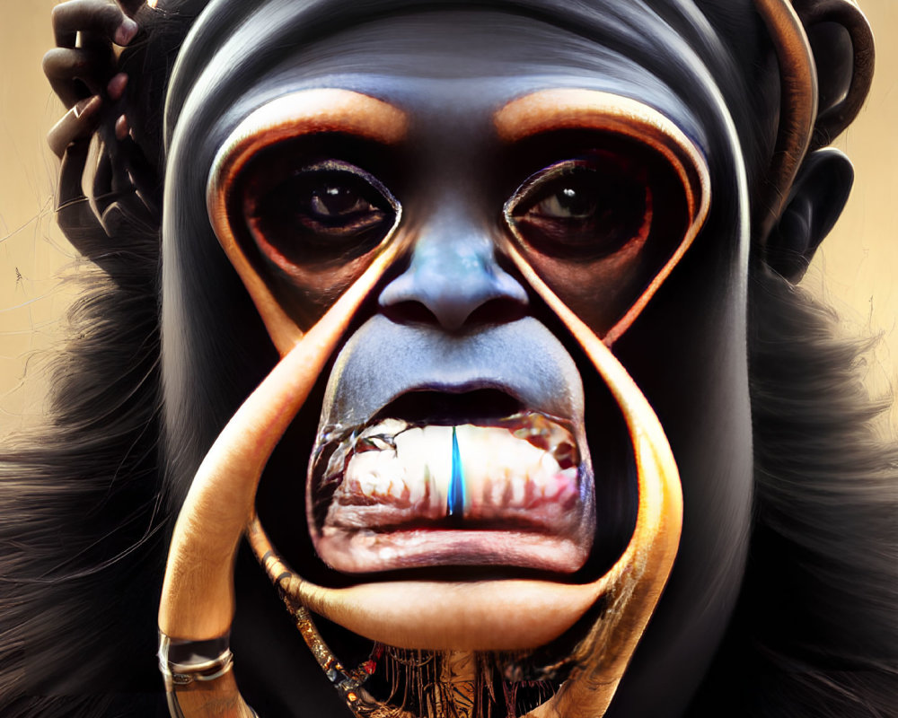 Digitally created primate with human-like eyes in earrings and necklace on brown background